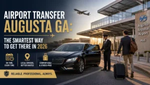 Rush Hour Limos private chauffuer opening door of black SUV for passenger who is coming from Augusta airport terminal.